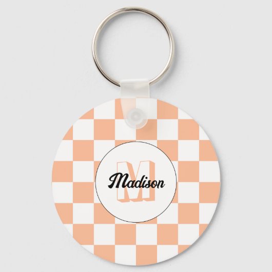 Checkered peach white geometric retro Monogram キーホルダー (正面)