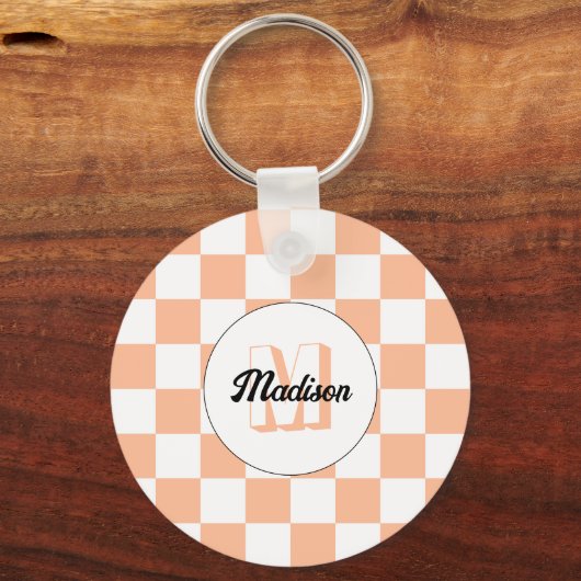 Checkered peach white geometric retro Monogram キーホルダー (裏面)