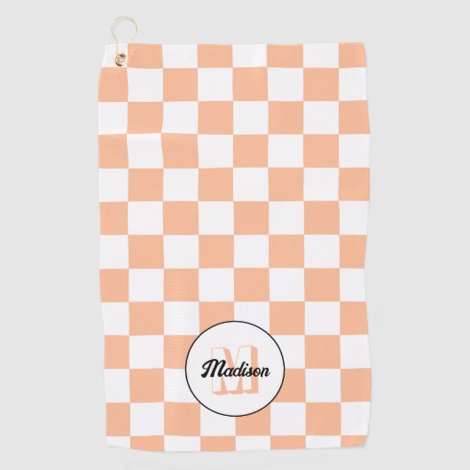 Checkered peach white geometric retro Monogram ゴルフタオル (正面)