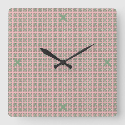 Checkered Pink and Green Square Wall Clock スクエア壁時計 (正面)