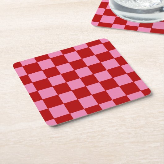 Checkered Red and Hot Pink  スクエアペーパーコースター (アングル)