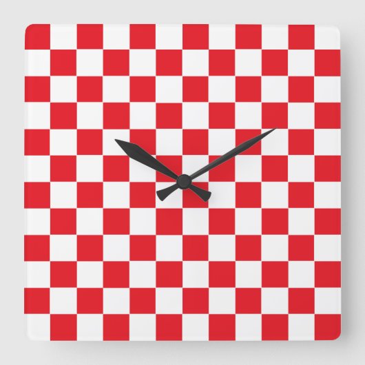 Checkered Red and White スクエア壁時計 (正面)