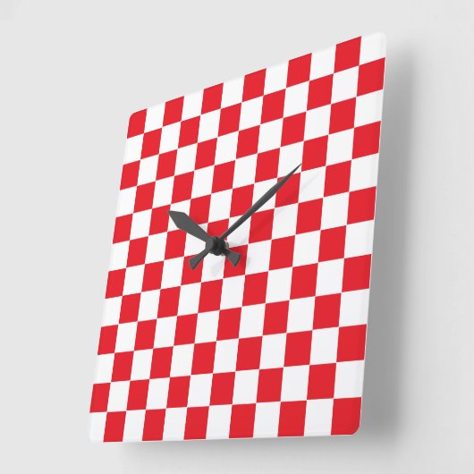 Checkered Red and White スクエア壁時計 (傾斜)