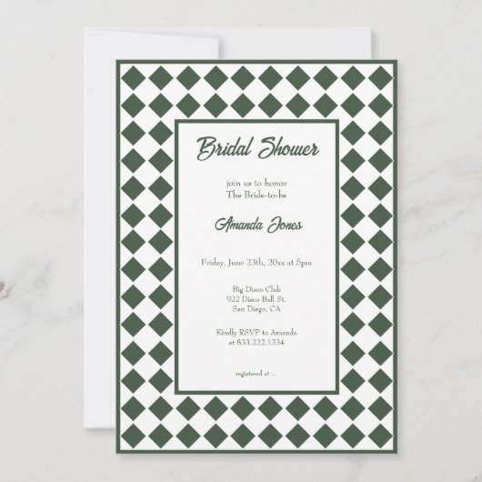 Checkered Simple Modern Dark Green Bridal Shower 招待状 (正面)