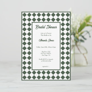 Checkered Simple Modern Dark Green Bridal Shower 招待状