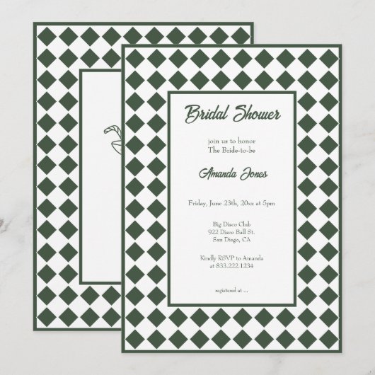 Checkered Simple Modern Dark Green Bridal Shower 招待状 (正面/裏面)