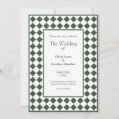 Checkered Simple Modern Dark Green Wedding 招待状 (正面)