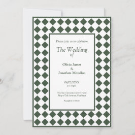 Checkered Simple Modern Dark Green Wedding 招待状