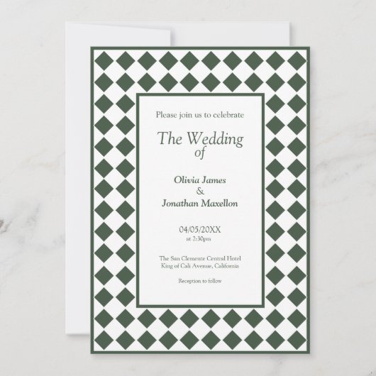 Checkered Simple Modern Dark Green Wedding 招待状 (正面)