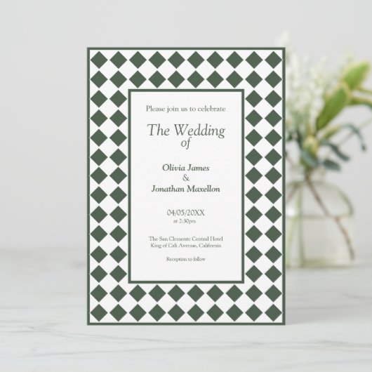 Checkered Simple Modern Dark Green Wedding 招待状 (スタンド正面)