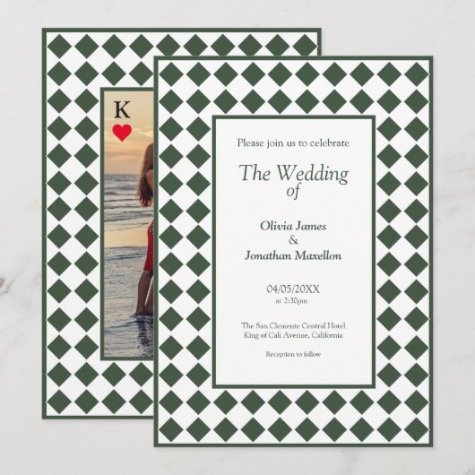 Checkered Simple Modern Dark Green Wedding 招待状 (正面/裏面)