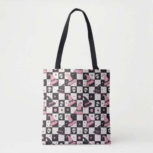 Checkered Spooky Witch Hat & Skulls Tote Bag トートバッグ (正面)