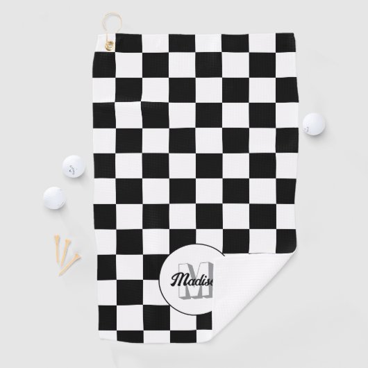 Checkered squares black and white retro Monogram ゴルフタオル (インサイチュ)