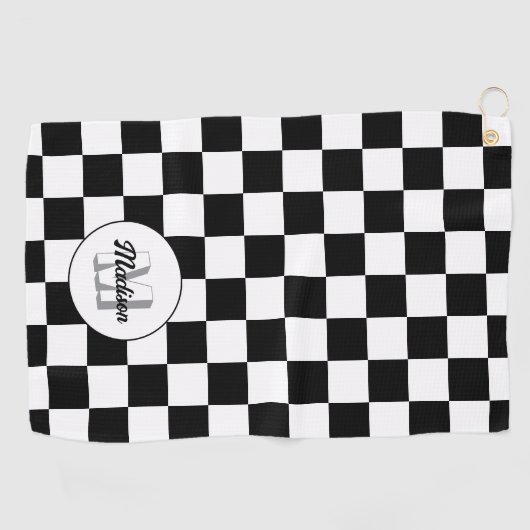 Checkered squares black and white retro Monogram ゴルフタオル (横)