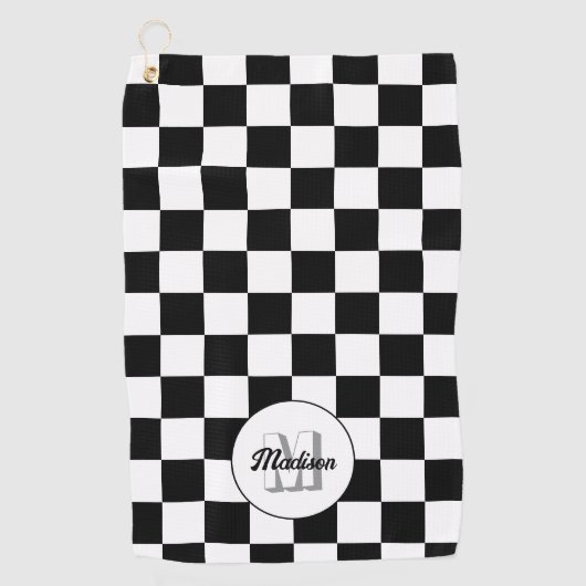Checkered squares black and white retro Monogram ゴルフタオル (正面)