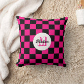 Checkered squares hot pink black retro Monogram クッション (ブランケット)