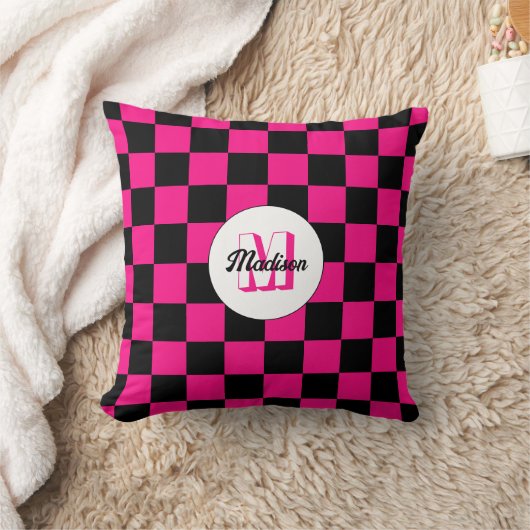 Checkered squares hot pink black retro Monogram クッション (ブランケット)