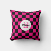 Checkered squares hot pink black retro Monogram クッション (正面)