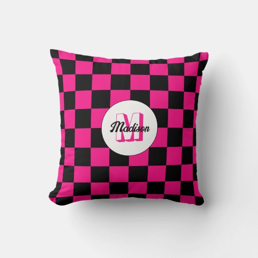 Checkered squares hot pink black retro Monogram クッション (正面)