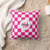 Checkered squares hot pink white retro Monogram クッション (ブランケット)