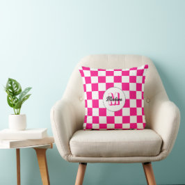 Checkered squares hot pink white retro Monogram クッション