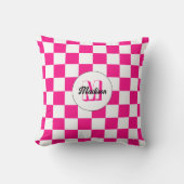 Checkered squares hot pink white retro Monogram クッション (正面)