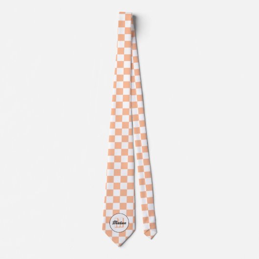 Checkered squares peach white retro Monogram ネクタイ (正面)