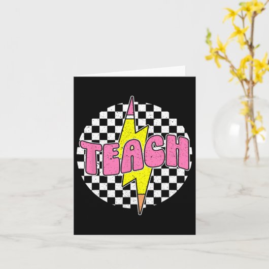 Checkered Teach Pencil Lightning Bolt Back To Scho カード (黄色い花)