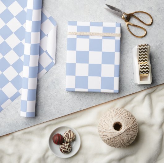 Checkered White Soft Sky Blue Wrapping Paper Roll ラッピングペーパー (クラフト)