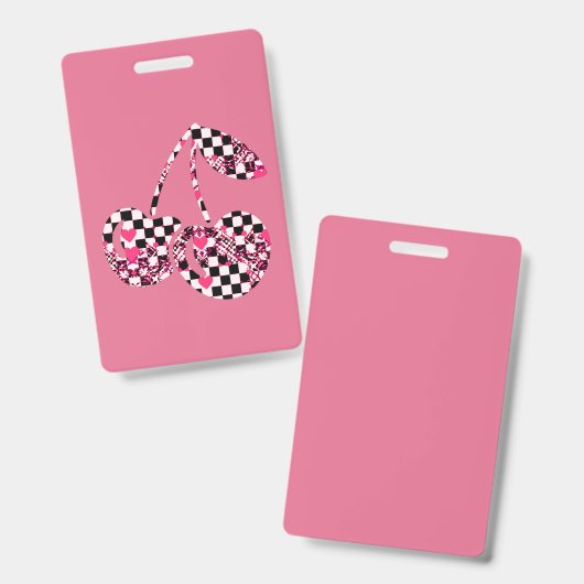 Checkers & Pink Hearts Patterned Cherries バッジ (正面＆裏面)