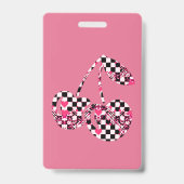 Checkers & Pink Hearts Patterned Cherries バッジ (正面)