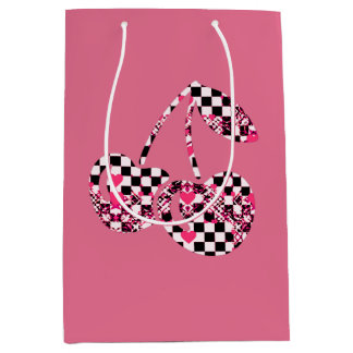 Checkers & Pink Hearts Patterned Cherries Big ミディアムペーパーバッグ