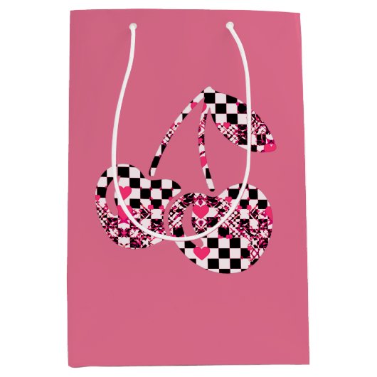 Checkers & Pink Hearts Patterned Cherries Big ミディアムペーパーバッグ (正面)