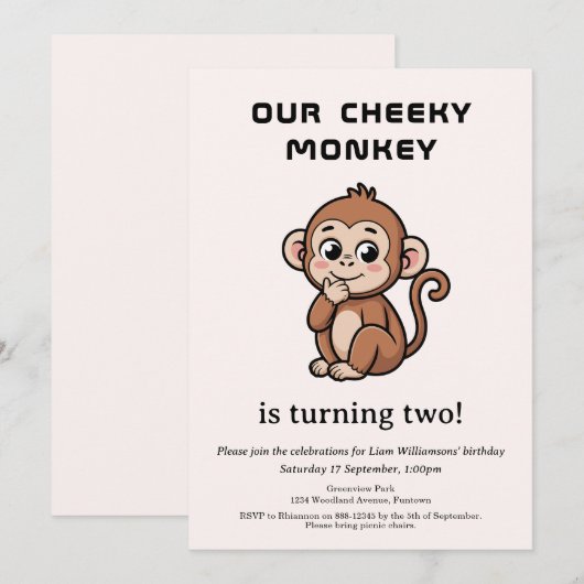 Cheeky Monkey 2nd Birthday invitation 招待状 (正面/裏面)