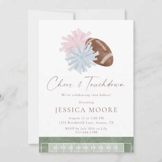 Cheer and Touchdown Twin Baby Shower 招待状 (正面)