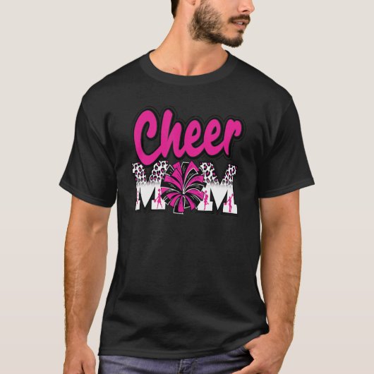 Cheer Mom Hot Pink Black Leopard Letters Cheer Pom Tシャツ (正面)