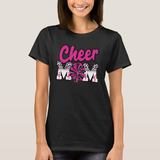 Cheer Mom Hot Pink Black Leopard Letters Cheer Pom Tシャツ (正面)