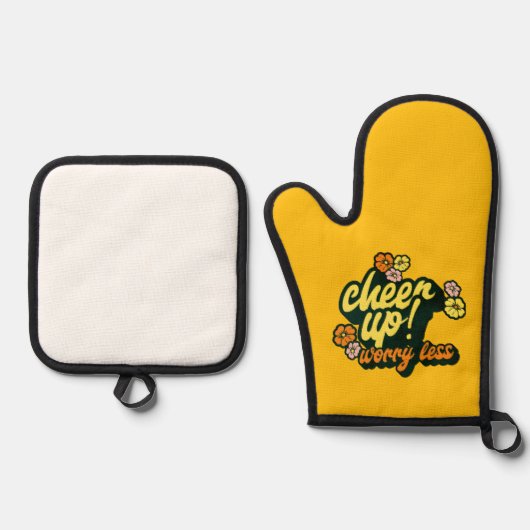 CHEER UP WORRY LESS OVEN MITT AND POT HOLDER  鍋つかみ&鍋敷きセット (正面)