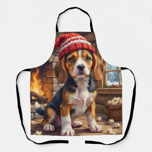 Cheerful Beagle Puppy in Stocking Cap Cozy エプロン (正面)