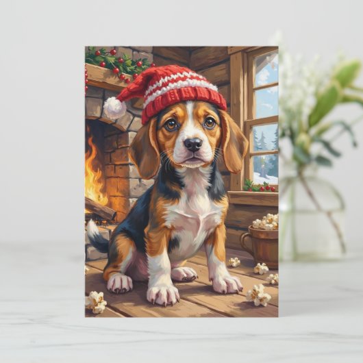 Cheerful Beagle Puppy in Stocking Cap Cozy シーズンカード (スタンド正面)
