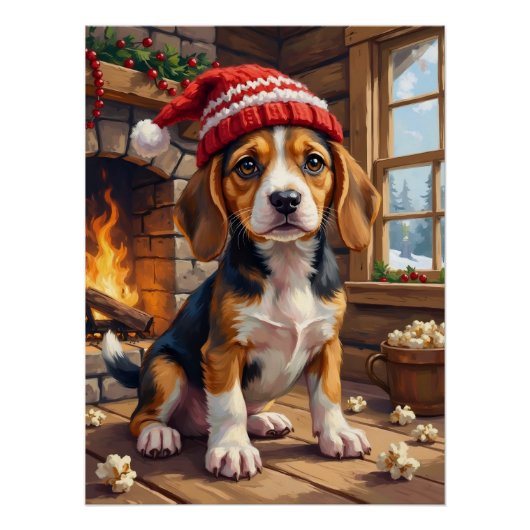 Cheerful Beagle Puppy in Stocking Cap Cozy ポスター (正面)