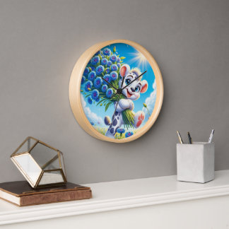 Cheerful Bear with Blue Flowers 壁時計