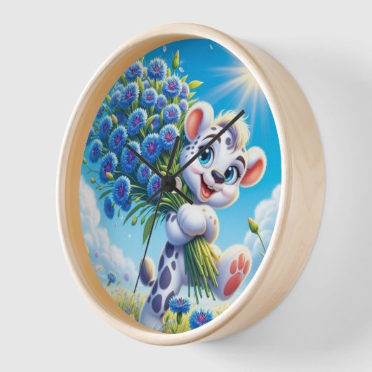 Cheerful Bear with Blue Flowers 壁時計 (傾斜)