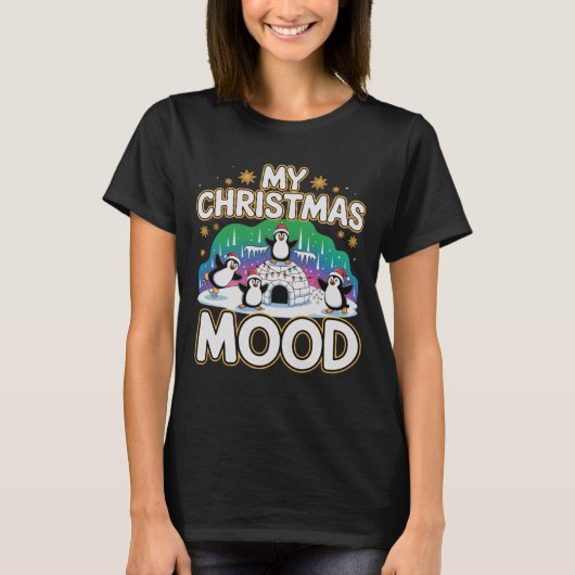 Cheerful Black Festive Penguin Igloo Christmas Tシャツ (正面)