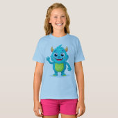 Cheerful Blue Monster Girls' Summer Tee - Vibrant Tシャツ (正面フル)