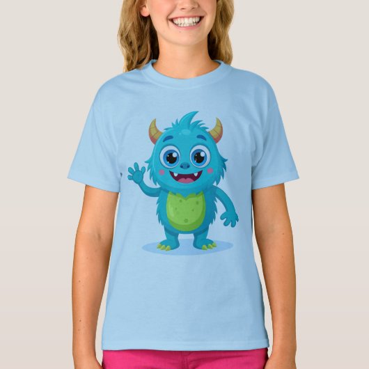 Cheerful Blue Monster Girls' Summer Tee - Vibrant Tシャツ (正面)