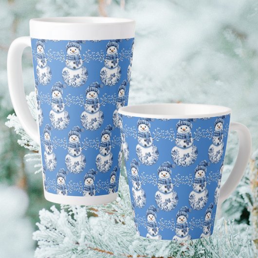 Cheerful Blue White Happy Snowman  カフェラテマグ