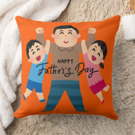 Cheerful Cartoon Dad Hugging Two Kids クッション