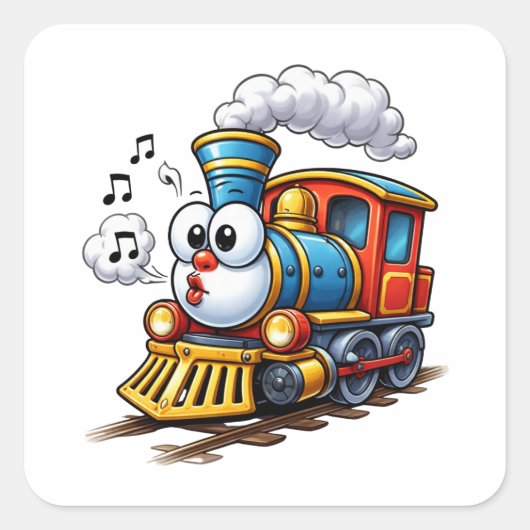 Cheerful Cartoon Train Character Sticker スクエアシール (正面)