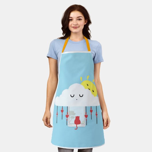 Cheerful Cat & Sunny Cloud Apron エプロン (着用した状態)